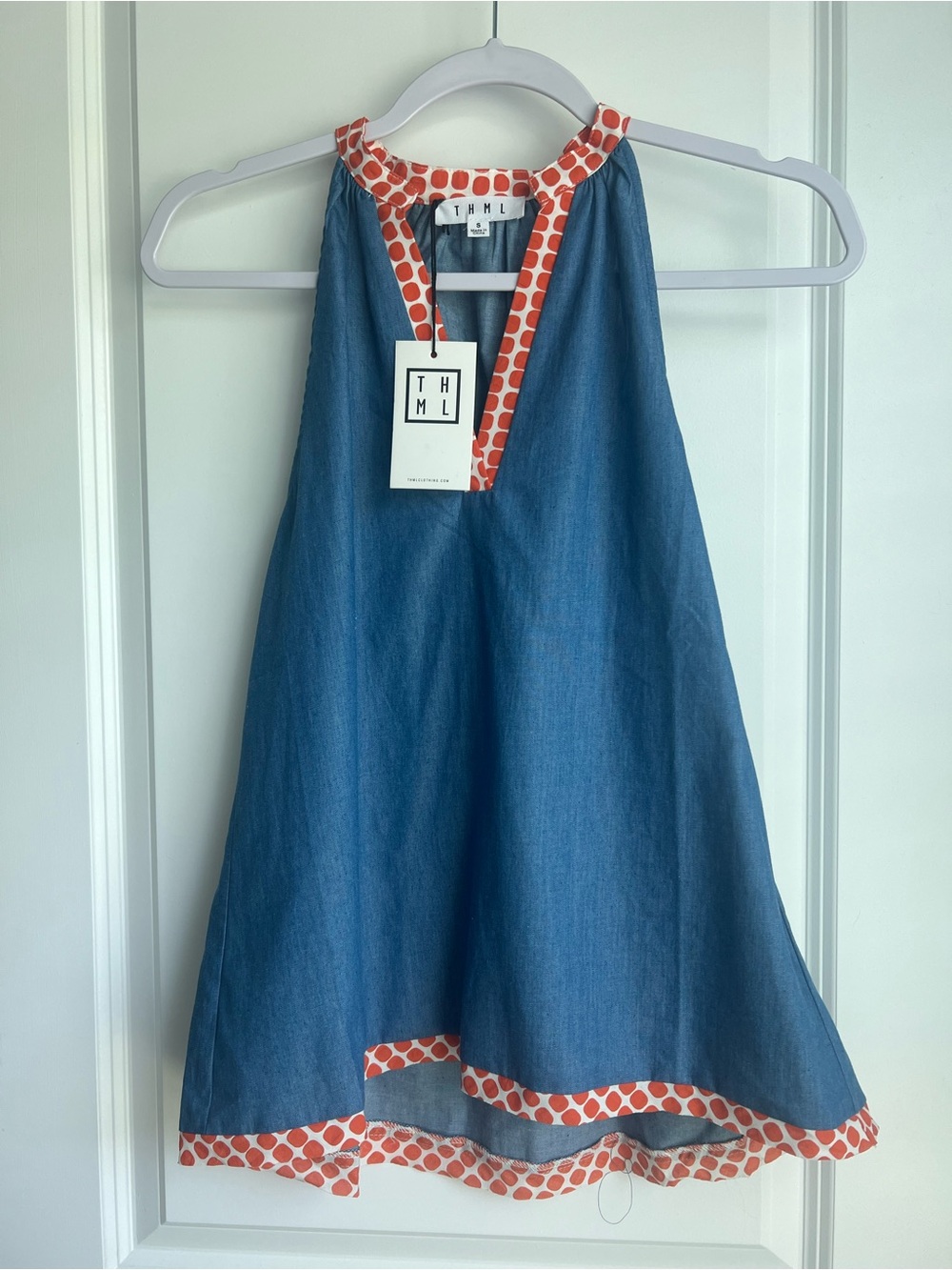 THML Denim Halter swing top with Orange Polka Trim NWT size small
